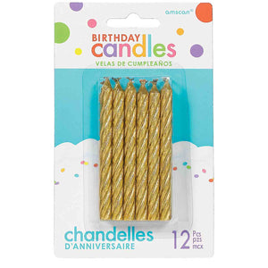Birthday Candles Large Spiral Glitter Gold Pack of 12