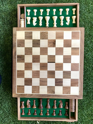 Portable Carved Wooden Chess and Checker Board Set