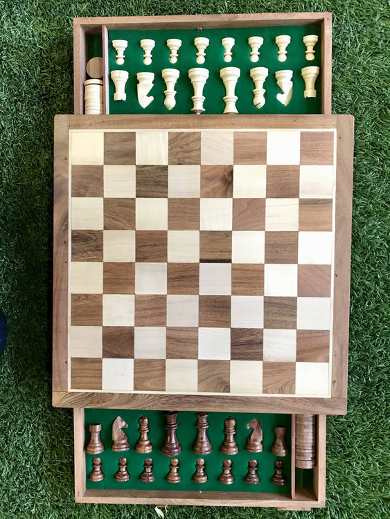 Portable Carved Wooden Chess and Checker Board Set