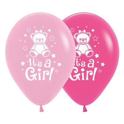 Sempertex 30cm Its A Girl Teddy Fashion Pink & Fuchsia Latex Balloons 6PK Pack of 6