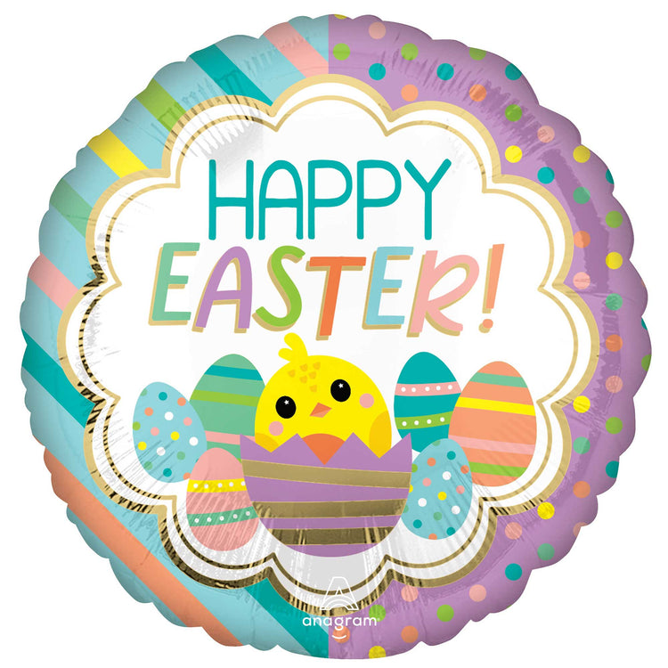 45cm Standard HX Happy Easter Chicky Stripes & Dots Balloon