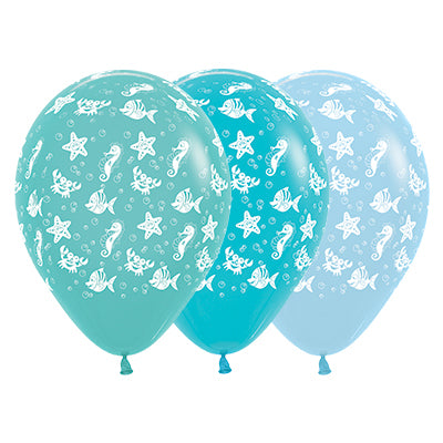 Sempertex 30cm Sea Creatures Fashion Aquamarine, Caribbean Blue & Blue Pastel Latex Balloons, 25PK Pack of 25