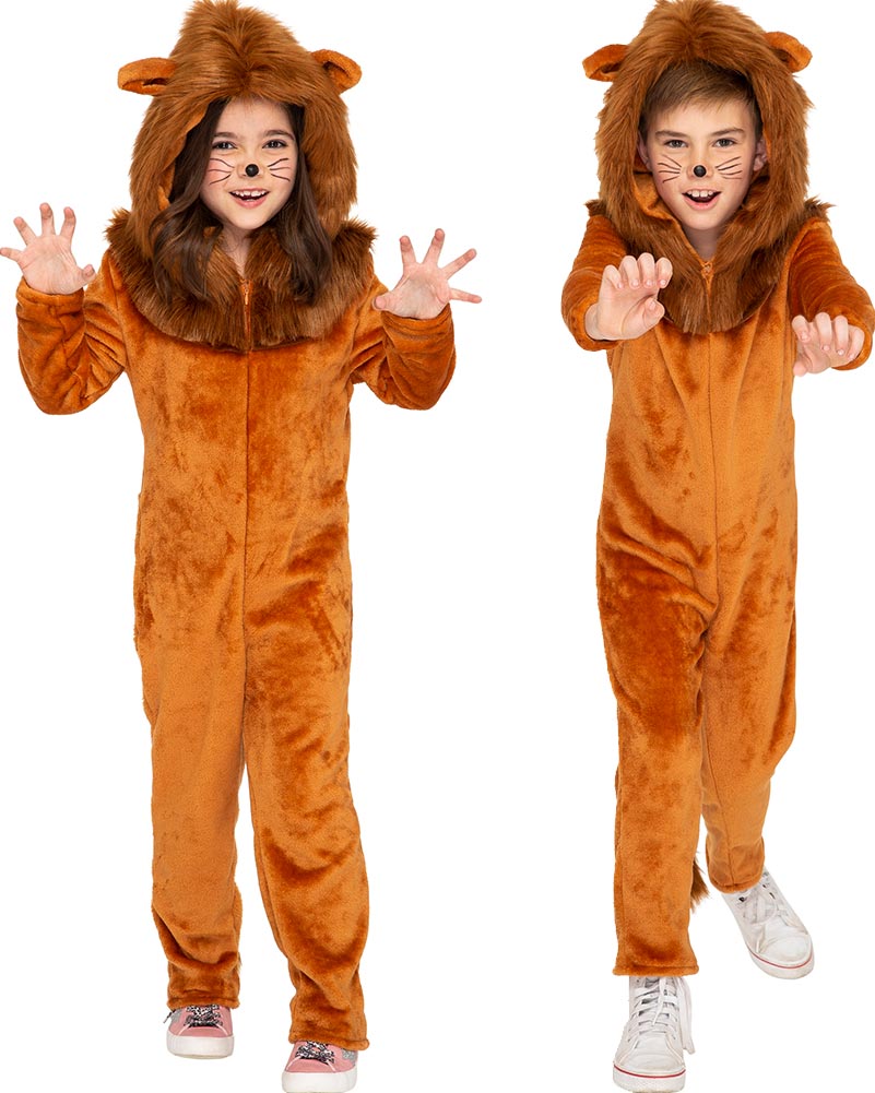 Two children wearing orange hooded jumpsuits with a lion design, including a mane around the hood and a tail with fur detail at the back.