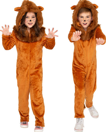 Two children wearing orange hooded jumpsuits with a lion design, including a mane around the hood and a tail with fur detail at the back.