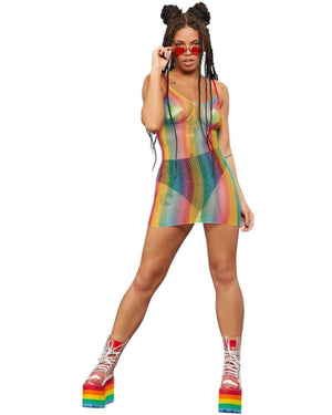 60s Fever Rainbow Fishnet Dress Womens Costume