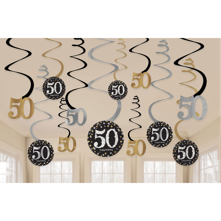 50th Sparkling Celebration Hanging Swirl Decorations Pack of 12