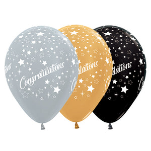 Sempertex 30cm Congratulations Stars Metallic Gold Silver Black Latex Balloons 25PK Pack of 25