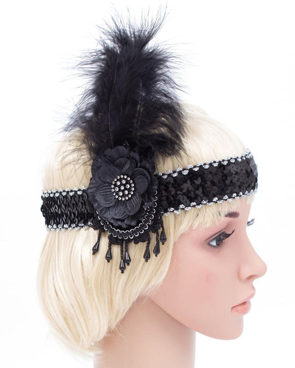 image of blonde mannequin head wearing black sequin flapper headband with feather.