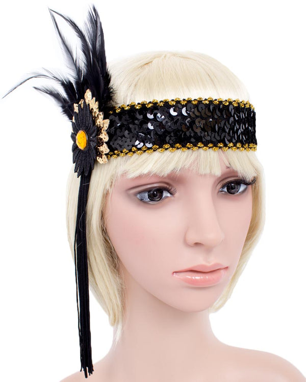 Mannequin wearing black sequin headband with rosette and feathers.