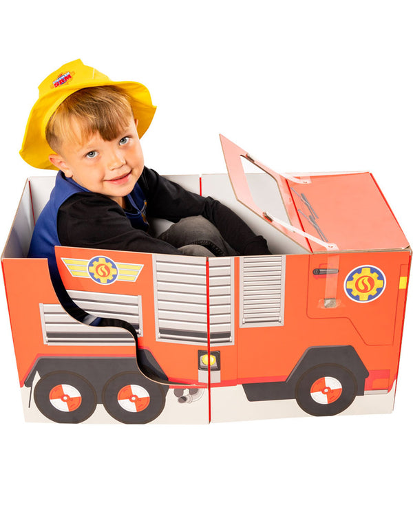 Fireman Sam Tabard Hat and 3D Cardboard Firetruck Set