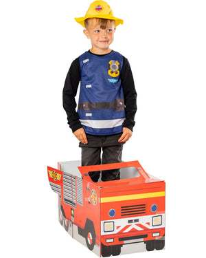 Fireman Sam Tabard Hat and 3D Cardboard Firetruck Set