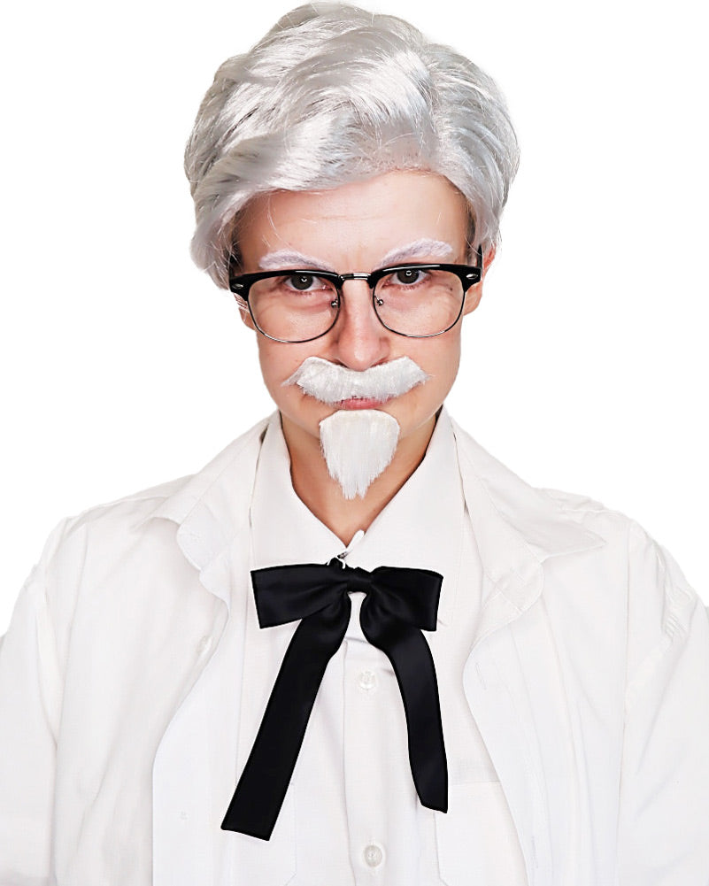 Fried Chicken Colonel Grey Wig Mo Goatee Glasses and Tie Set