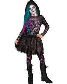 Image of girl wearing black galaxy skeleton costume with colourful printed bones.