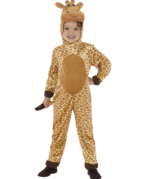 Image of girl wearing giraffe costume jumpsuit. 
