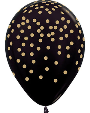Gold Confetti on Metallic Black Sempertex 30cm Latex Balloons Pack of 12