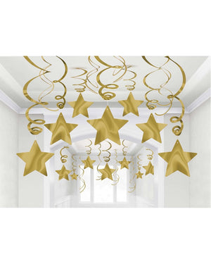 Gold Foil Shooting Stars Hanging Swirl Decorations Mega Pack of 30