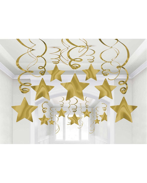 Gold Foil Shooting Stars Hanging Swirl Decorations Mega Pack of 30