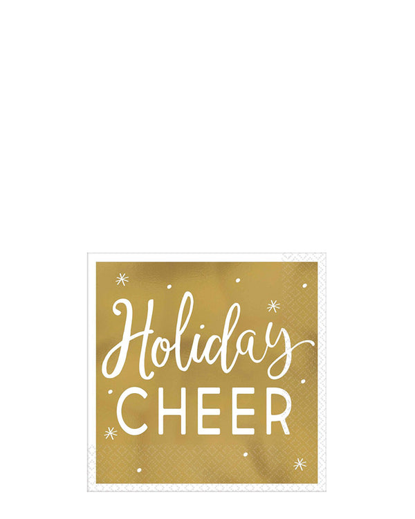 Image of gold napkin with 'holiday cheer' written in white. 