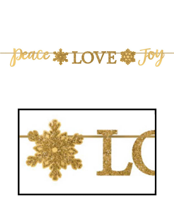 Image of gold banner with the words pace, love and joy separated by snowflakes.