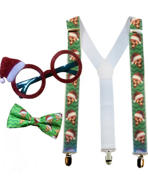 Goofy Christmas Pizza Santa Glasses Bowtie and Suspenders Set