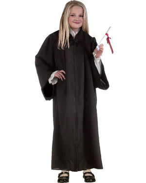 Girl wearing long black graduation robe costume