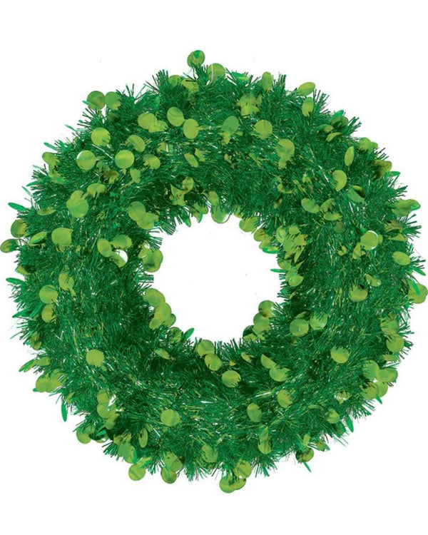 Image of large green tinsel wreath.