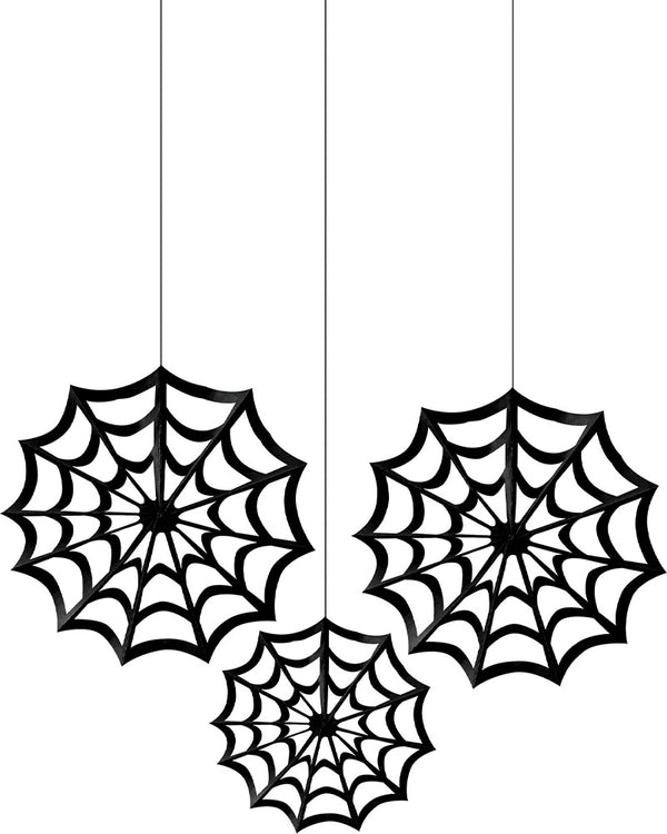 Halloween Classic Black and White Spider Web Paper Fans Pack of 3