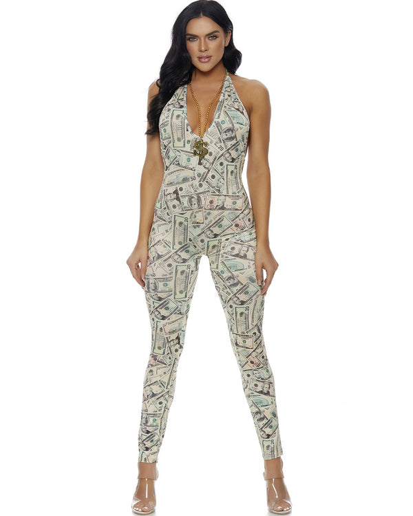 Halter Money Print Jumpsuit Womens Costume