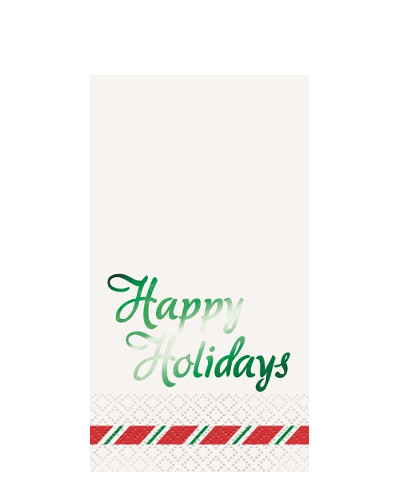 Image of white Christmas napkin with 'Happy Holidays' written in green.