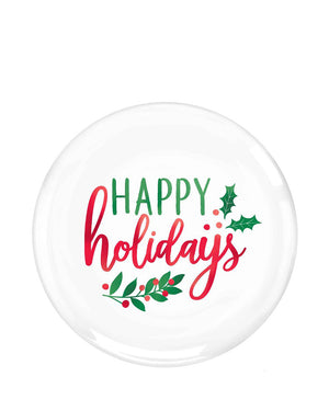 Image of round white plate with 'happy holidays' written in red and green.