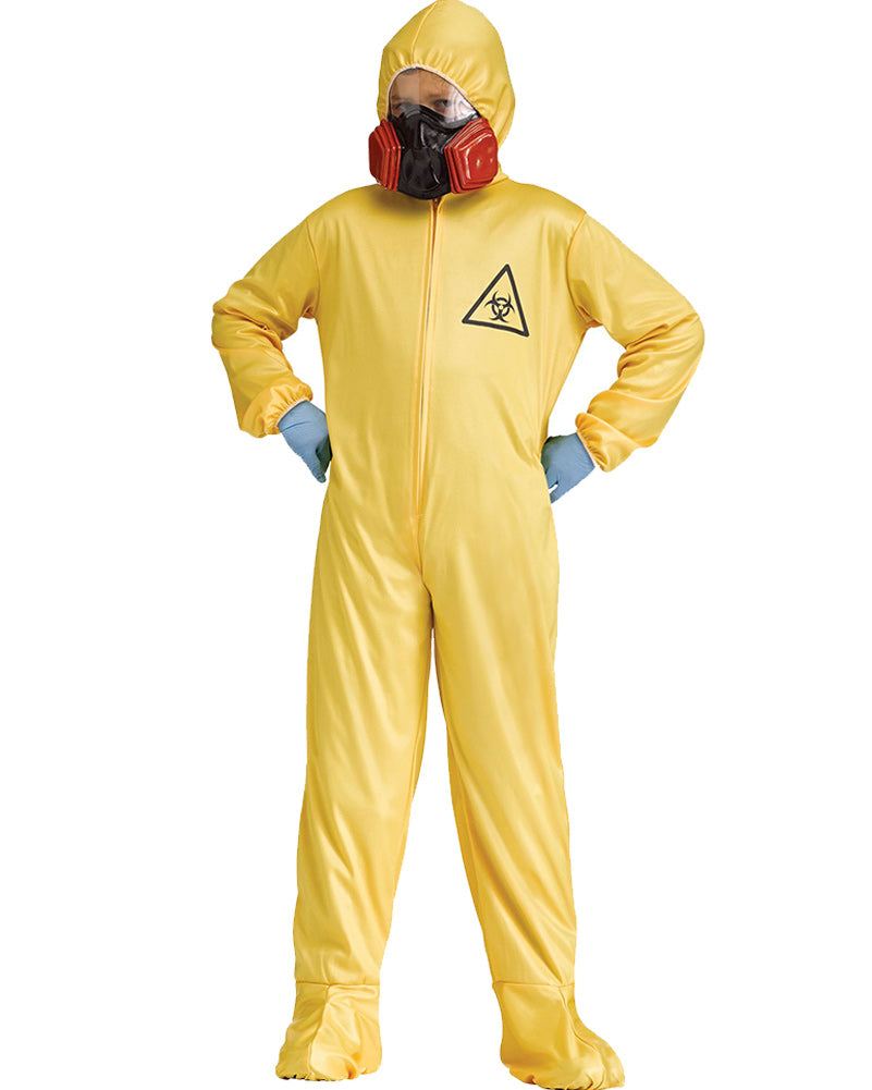Image of boy wearing yellow Hazmat suit.