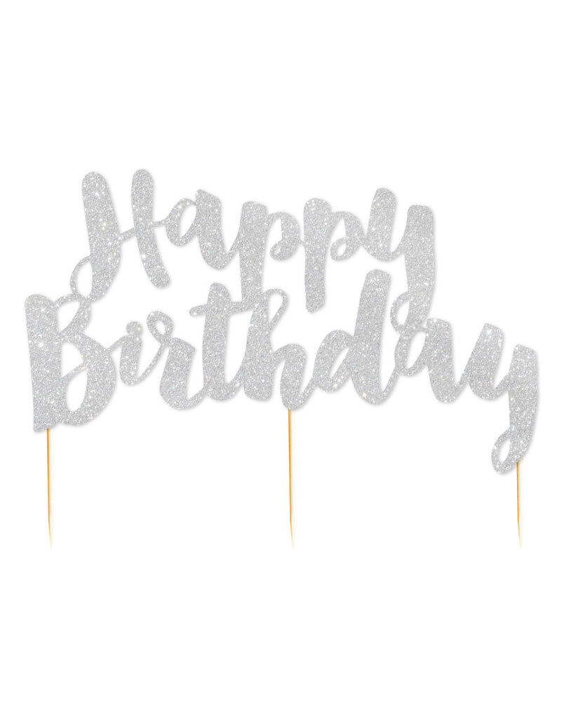 Silver Glitter Happy Birthday Cake Topper