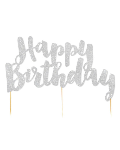 Silver Glitter Happy Birthday Cake Topper