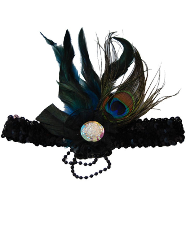 20s Black Flapper Headband with Peacock Feather