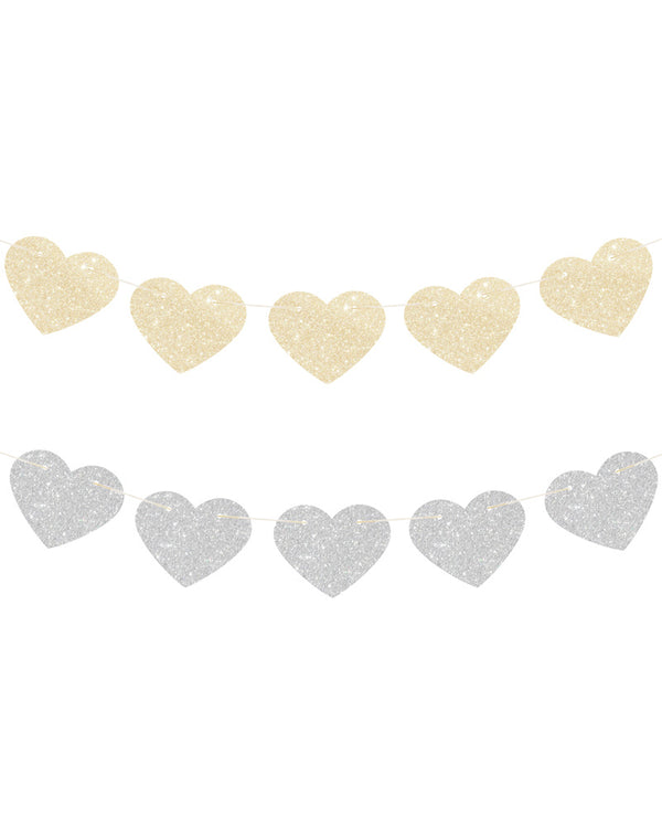 Gold and Silver Glitter Heart Reversible Garland 2m