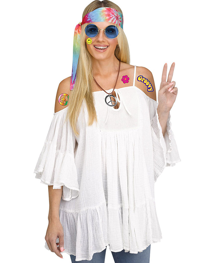60s Hippie Decades Headband Glasses Tattoos and Necklace Set