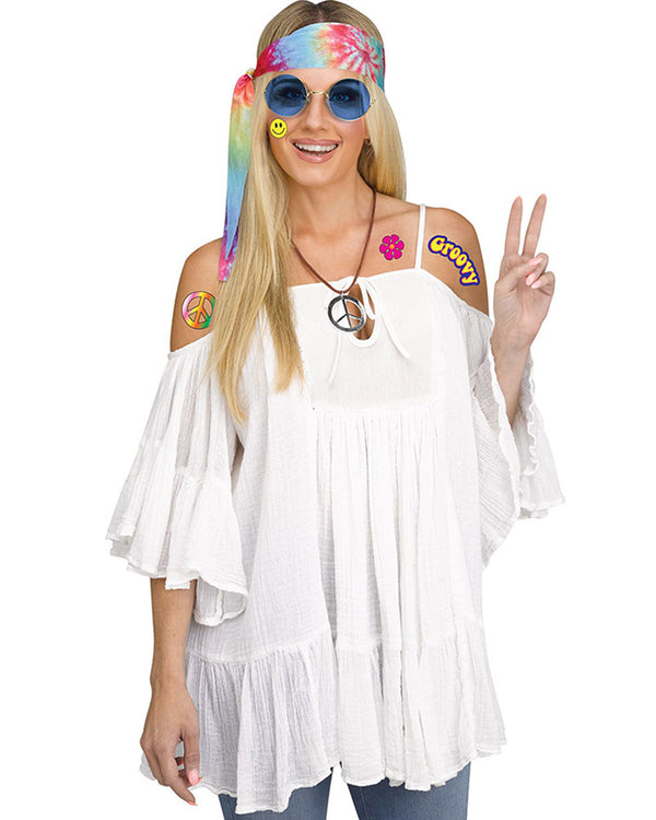 Hippie Decades Headband Glasses Tattoos and Necklace Set