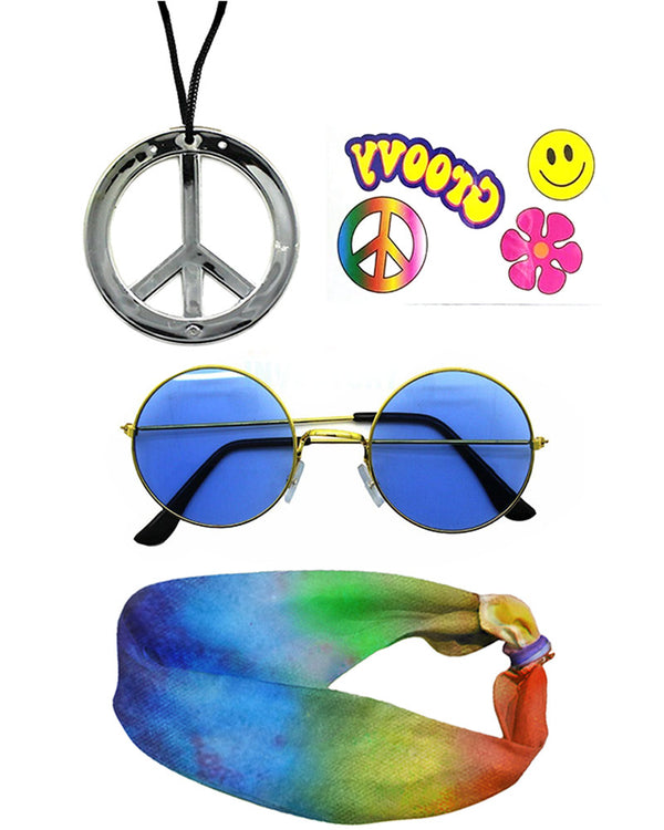 60s Hippie Decades Headband Glasses Tattoos and Necklace Set