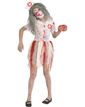 Image of girl wearing white and red zombie nurse costume.