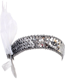 Silver sequin headband with white feather.
