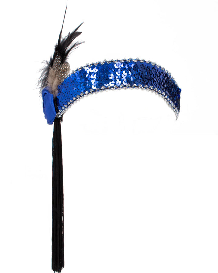 20s Blue Flower and Black Tassle Flapper Headband