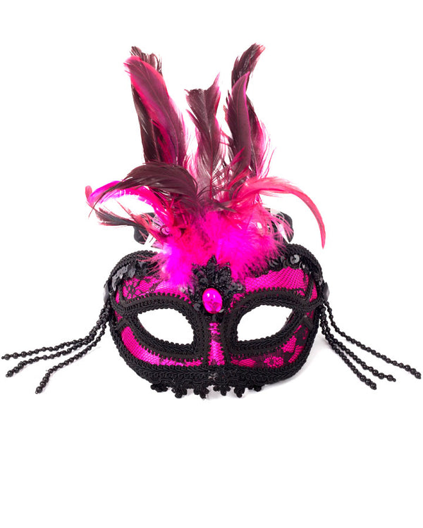 Black and Pink Lace Feather Masquerade Mask