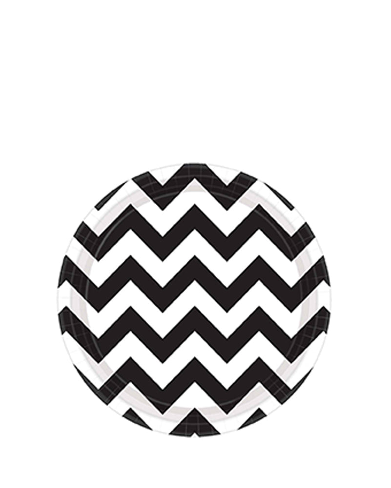 Jet Black Chevron 17cm Round Paper Plates Pack of 8