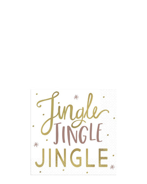 Image of white napkin with words 'Jingle jingle jingle' in gold.