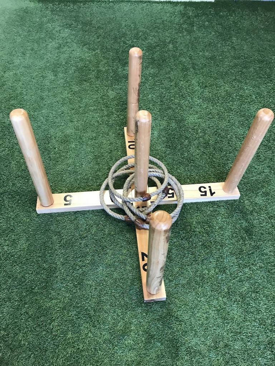 Mega Quoits Wooden Rope Ring Toss Outdoor Game Set 100cm with 4 Rings