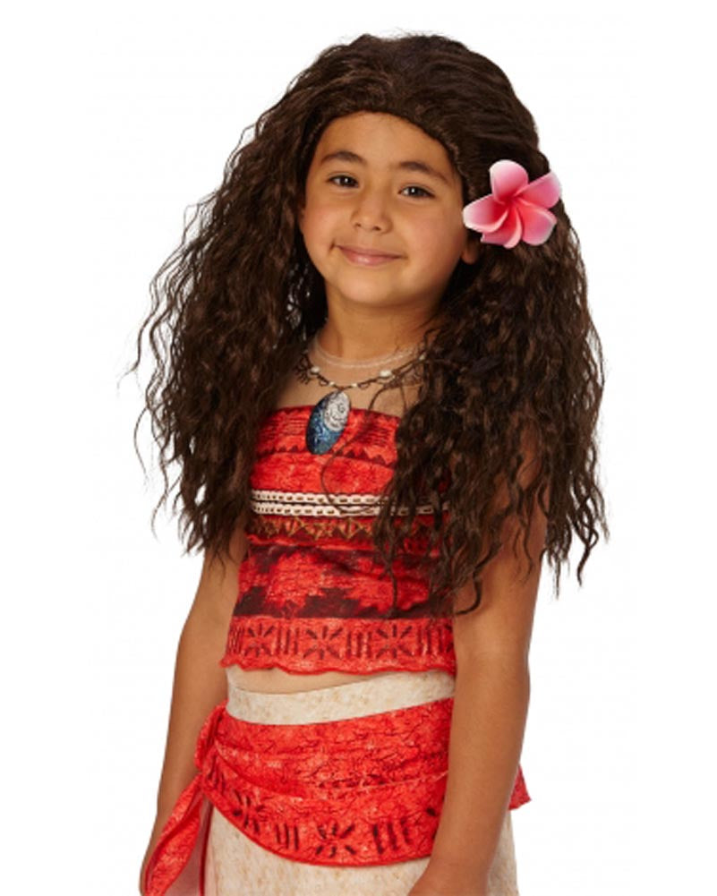 Image of girl wearing long brown curly Moana wig with flower and red dress.