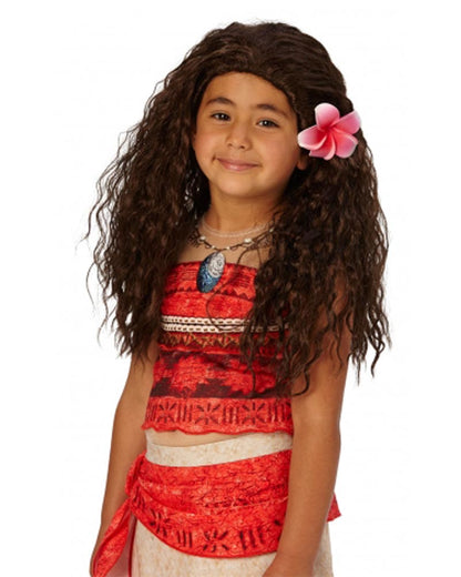 Image of girl wearing long brown curly Moana wig with flower and red dress.