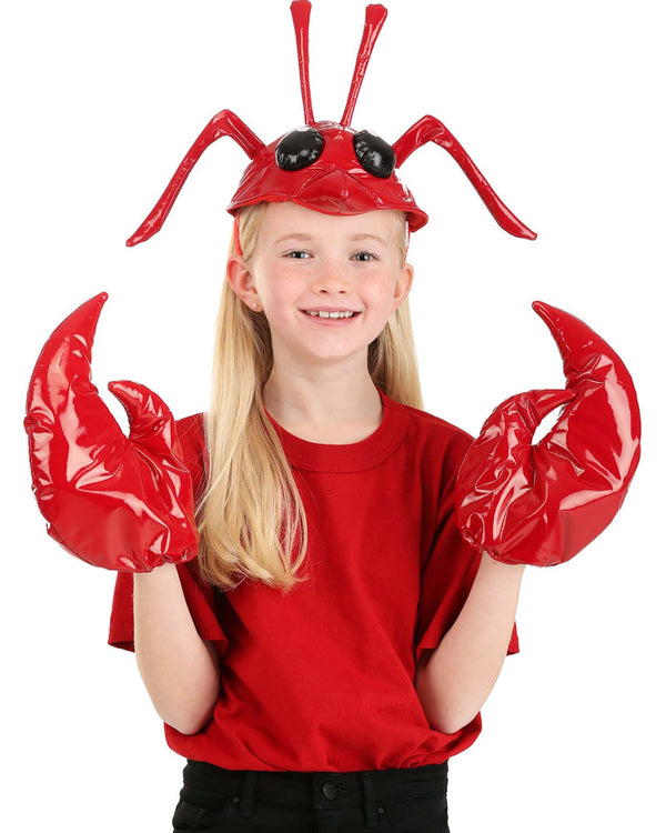 Lobster Costume Set - Headband With Antennae & Googly Eyes + Claw Gloves, Red
