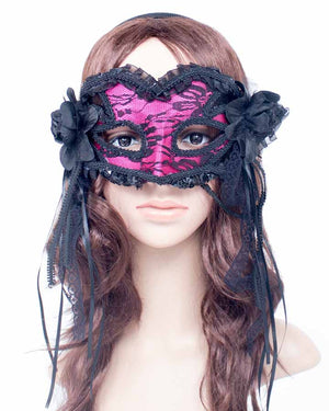 Pink Masquerade Mask with Black Lace and Flowers