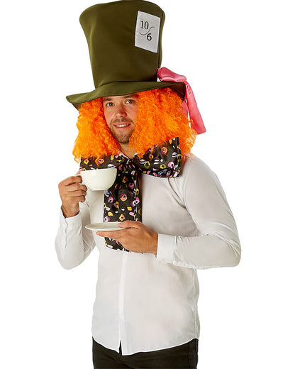 Mad Hatter Adult Hat Curly Orange Wig and Bow Tie Kit